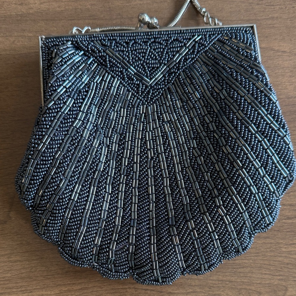 Vintage LORD and TAYLOR Black beaded Shell Clam evening bag